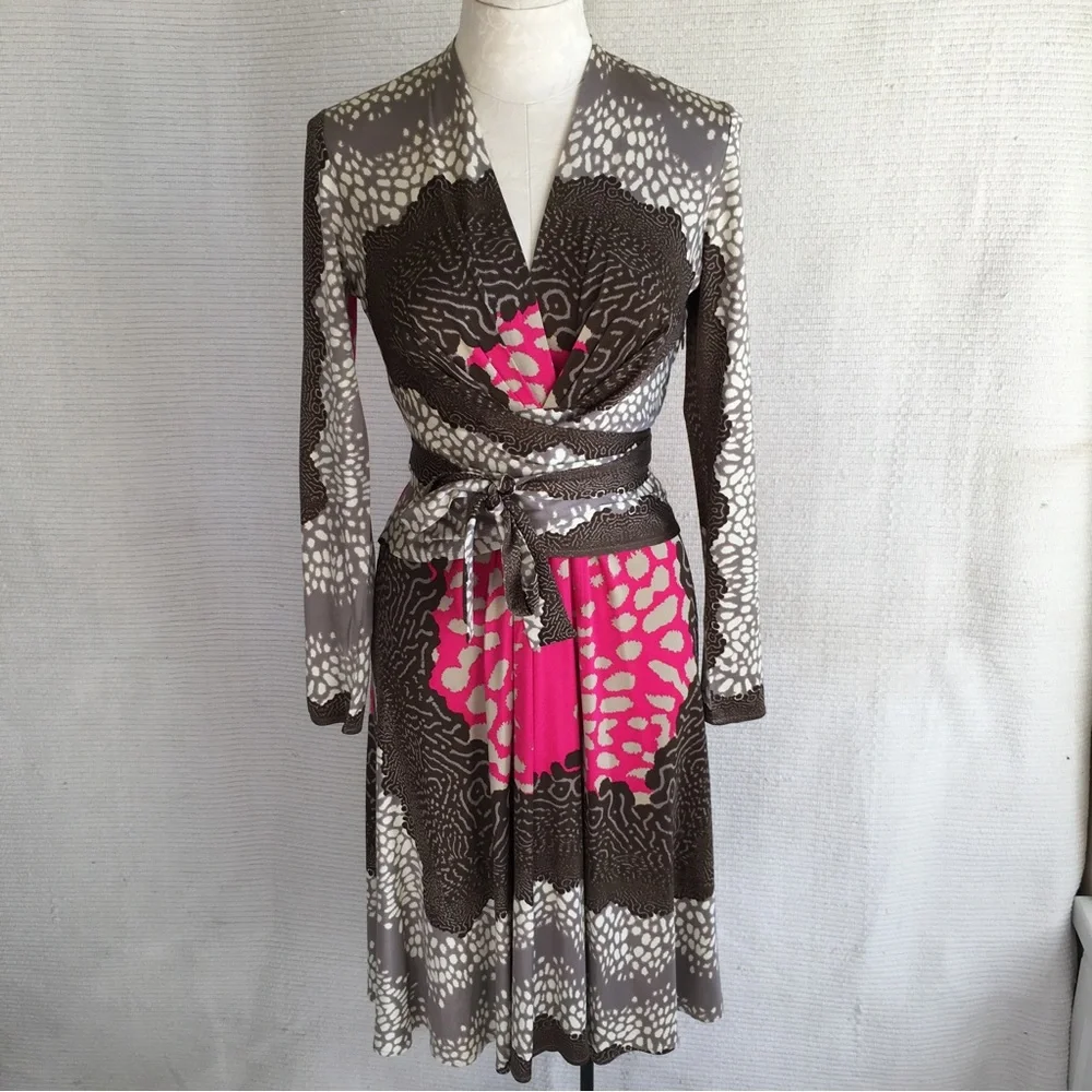 Issa London Dress M US8 UK12 Stretch Silk Animal Print Long Sleeve Brown Pink - Picture 10 of 10